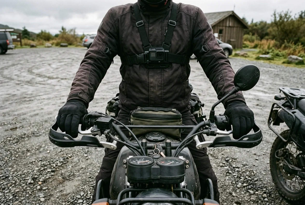 A rider seen from the chest down wearing a chest harness with a small action camera angled down at the handlebars