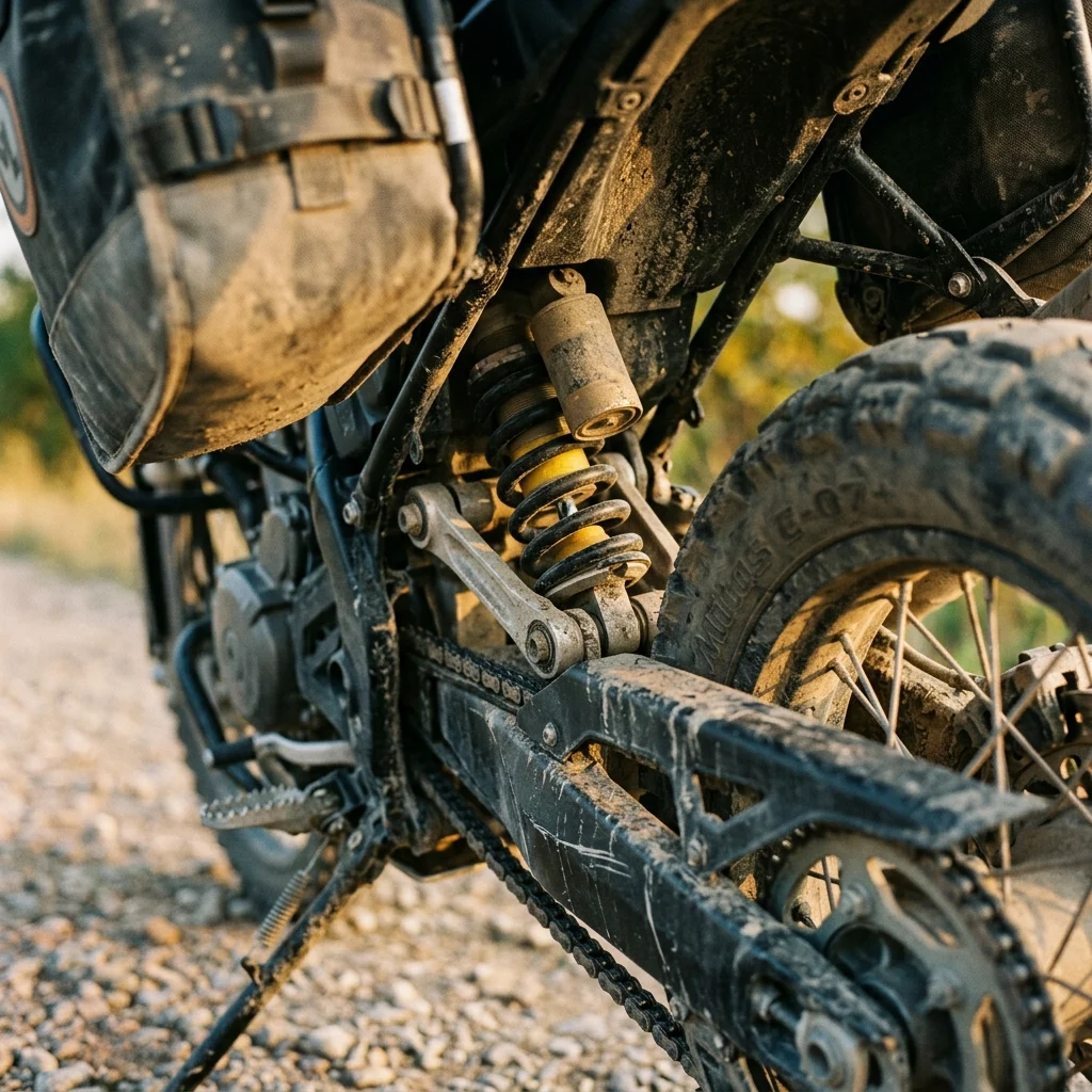 The rear shock of a loaded adventure motorcycle sitting deep in its travel under the weight of luggage