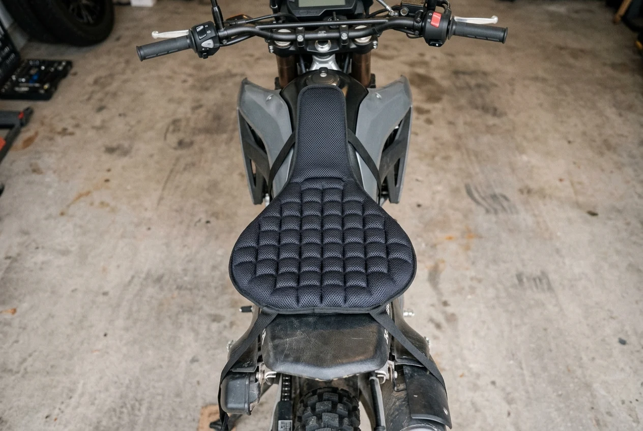An air-cell seat cushion on a narrow dual-sport saddle seen from above, its front end tapering to a much narrower tongue than its back
