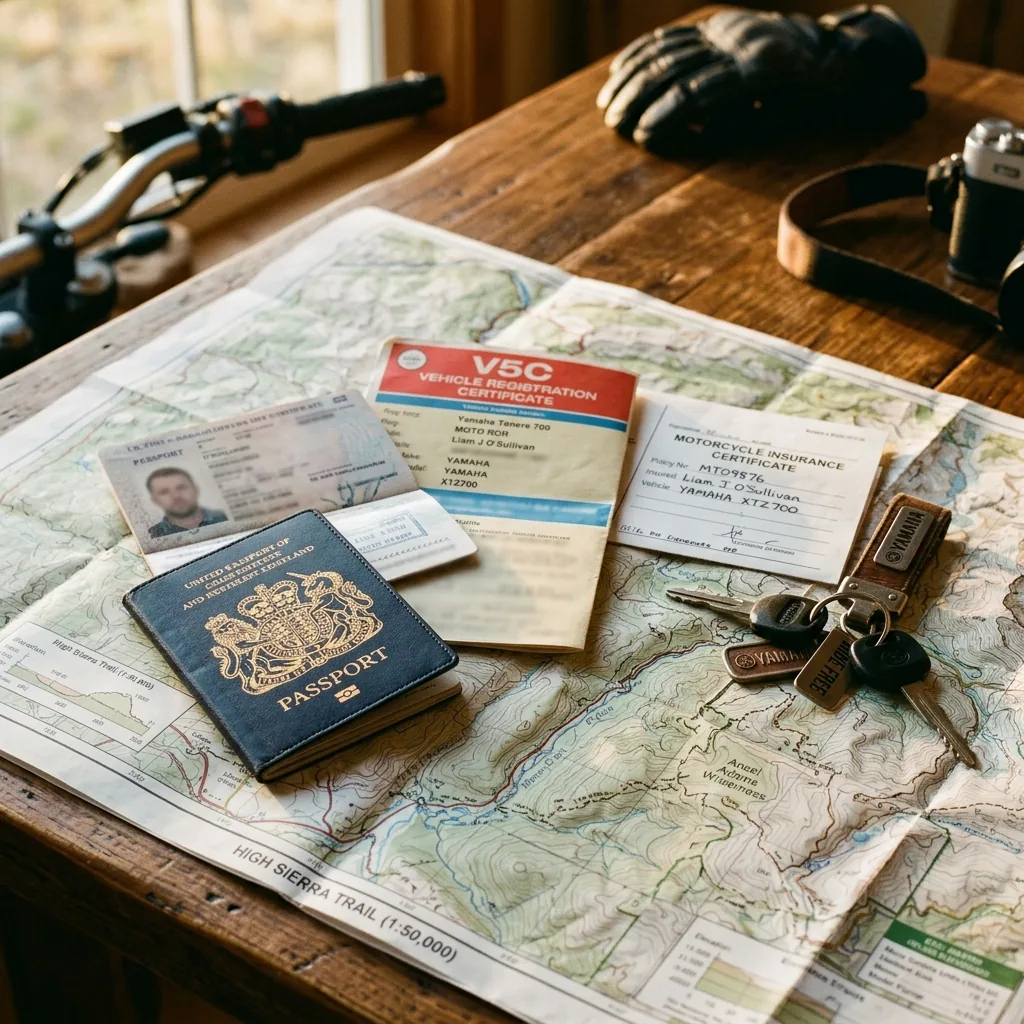 Essential travel documents, motorcycle registration, and insurance papers on a map