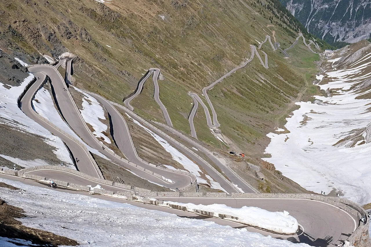 The stacked 48 hairpins of the Stelvio Pass northern side