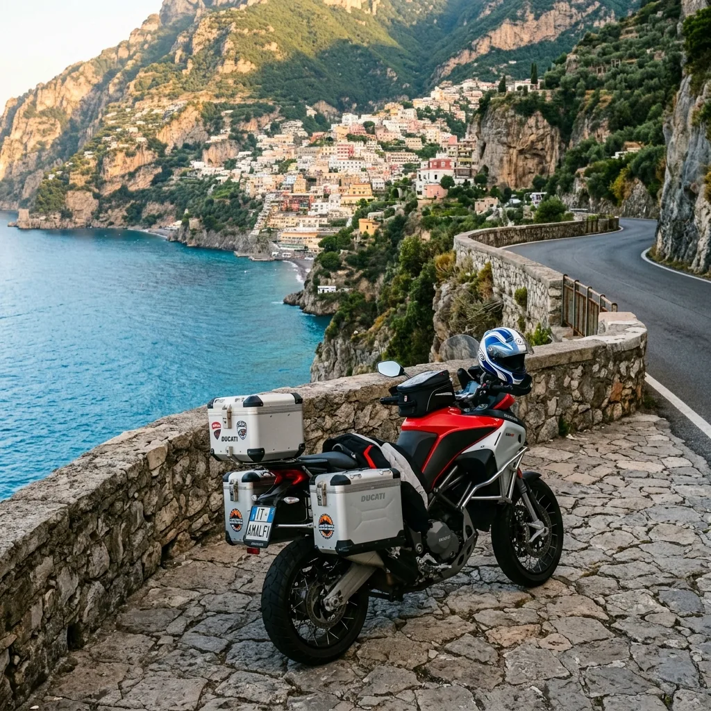 Adventure motorcycle parked on the cliffside SS163 road on the Amalfi Coast overlooking the sea