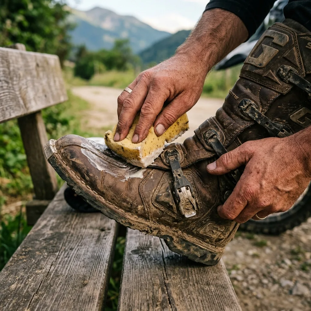 Applying waterproofing wax to leather adventure motorcycle boots