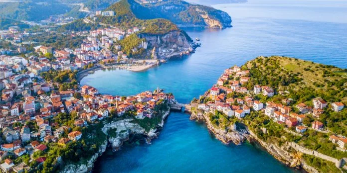 Amasra fortress town on its peninsula with two harbours and Boztepe island
