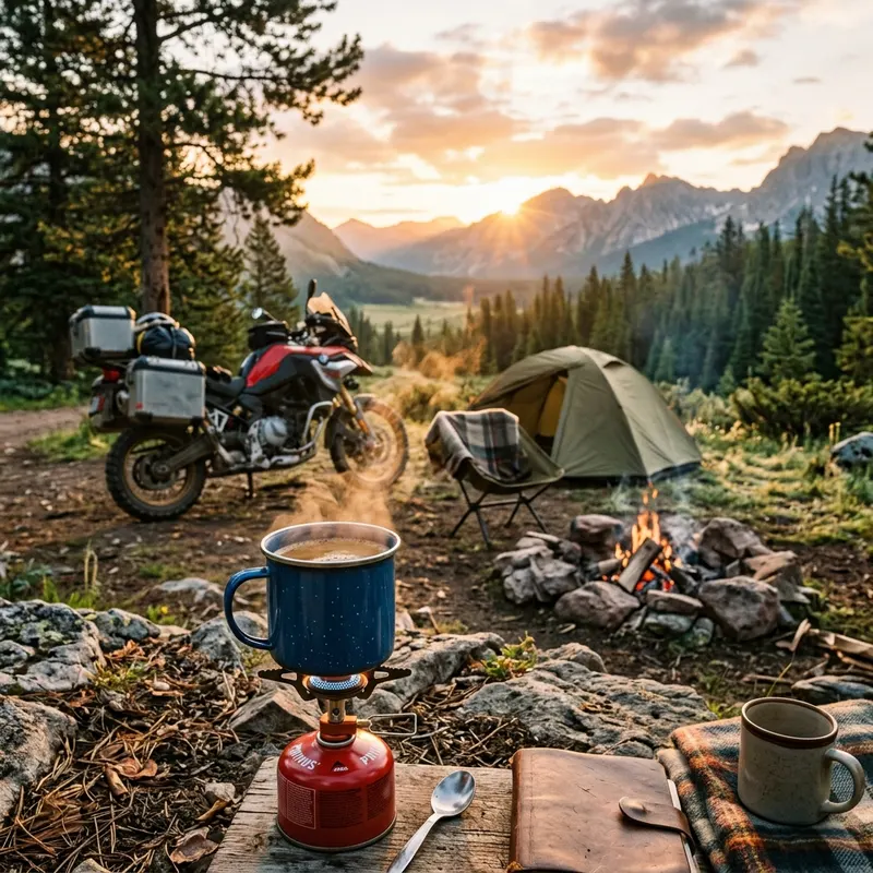 Cozy campfire morning with coffee brewing in a metal mug at a campsite
