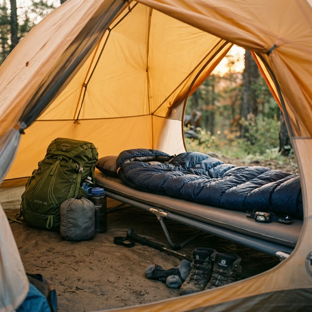 A sleeping setup inside a tent showing a sleeping pad and bag on a raised camping cot