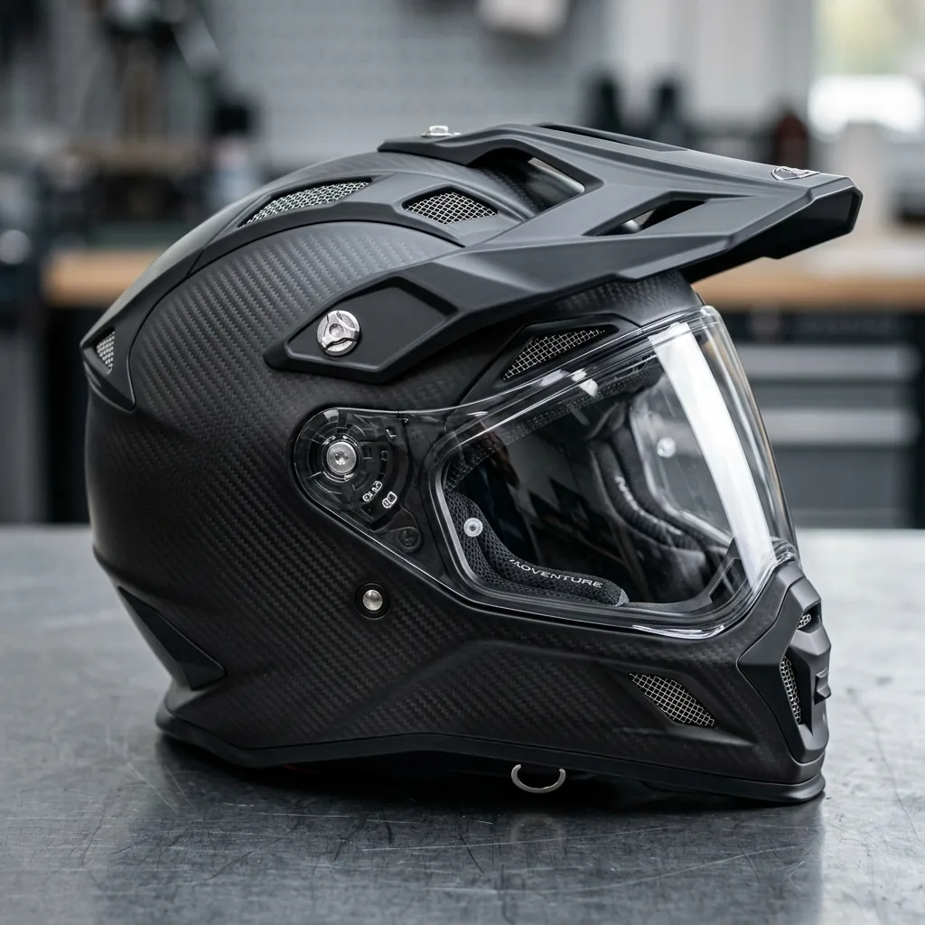 Premium black carbon-fiber adventure motorcycle helmet with sun peak and clear visor