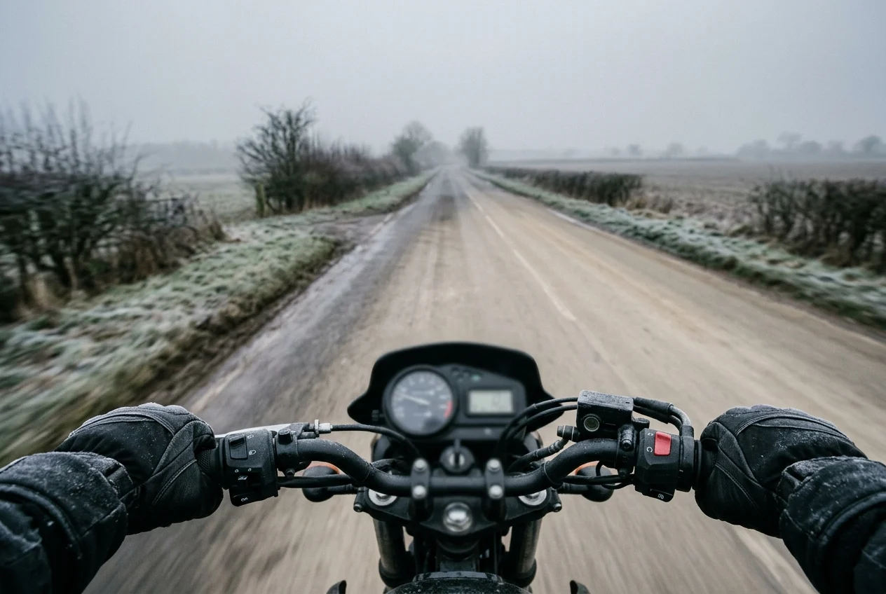 A rider's view over the bars of a motorcycle on an empty frost-lined road in flat grey winter light
