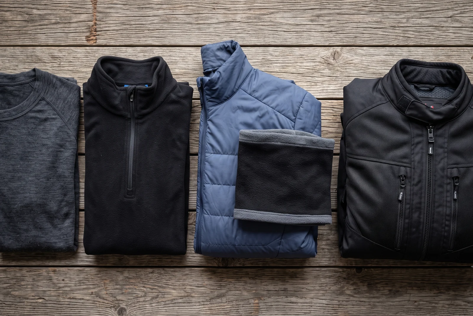 A cold-weather riding layering system laid out: merino base layer, fleece and insulated mid layers, neck tube and windproof outer jacket