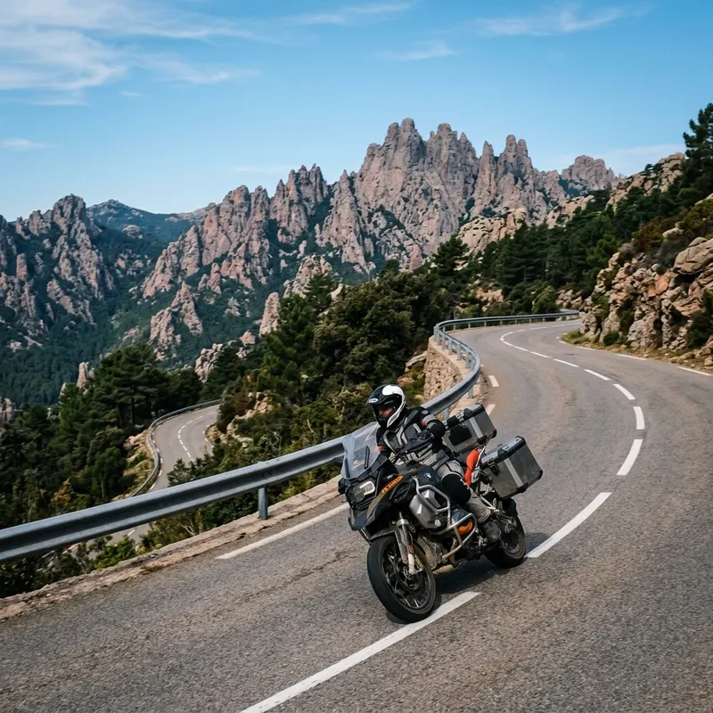 Winding mountain road of Col de Bavella in Corsica with jagged granite peaks in the background