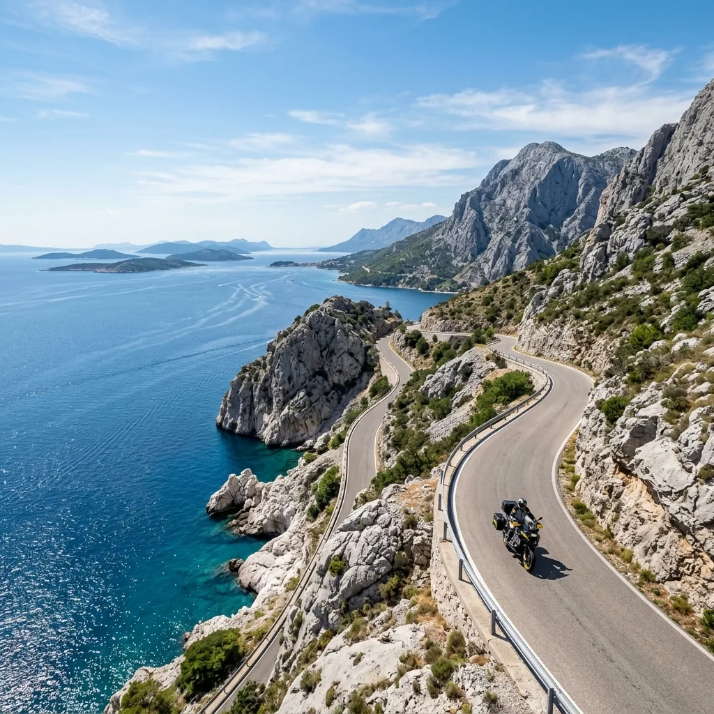 Motorcycle on the D8 Adriatic Highway with the Velebit mountains on one side and the sea and islands of Dalmatia on the other