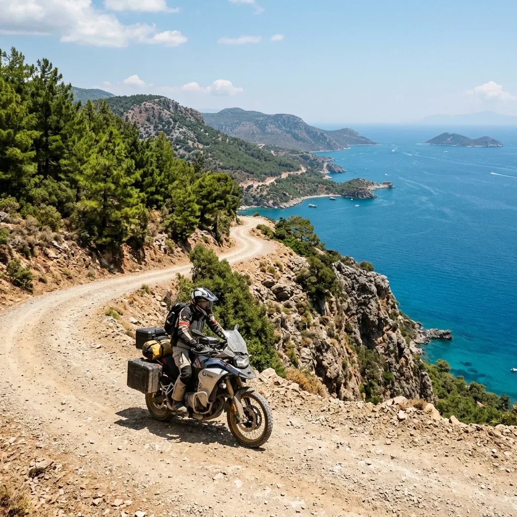 motorcycle riding narrow Turkish peninsula road Datca Aegean coast