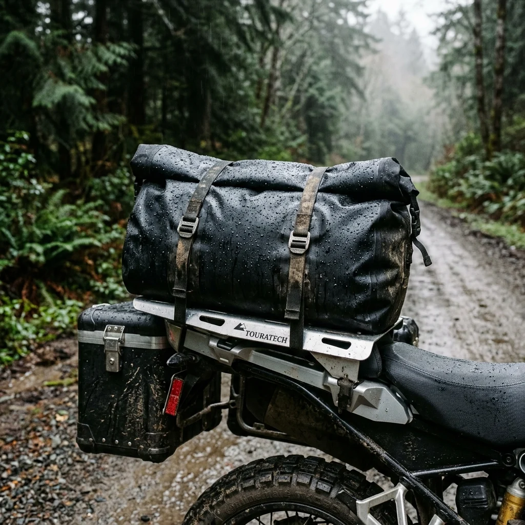 A roll-top dry bag strapped down over the rear rack of a loaded adventure motorcycle in the rain