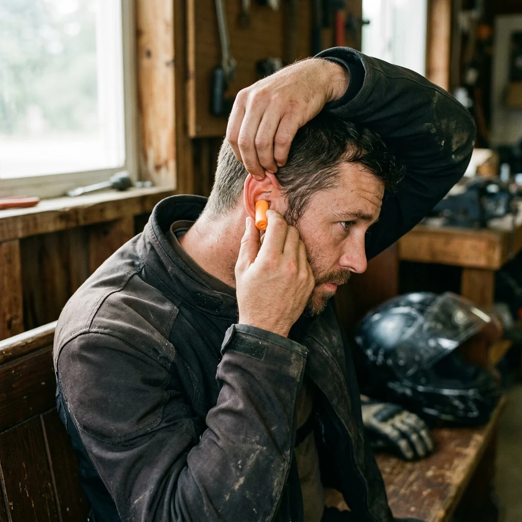 A rider inserting a rolled foam earplug while pulling the top of the ear up and back with the opposite hand to straighten the ear canal
