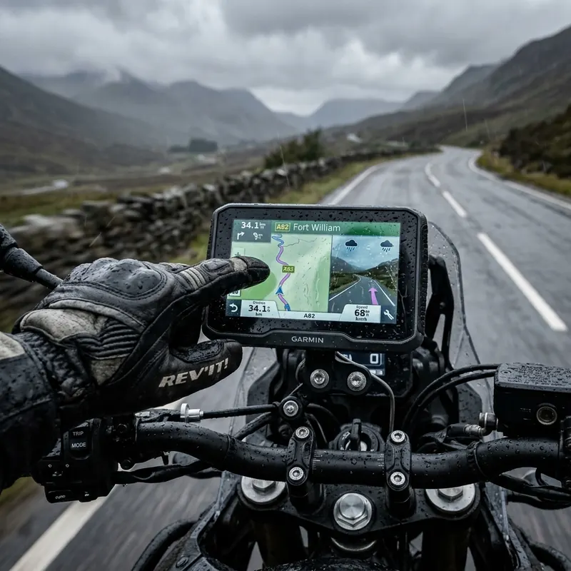 Garmin Zumo XT2 mounted on an adventure motorcycle with a wet rain-streaked screen, gloved hand operating the touch screen mid-ride
