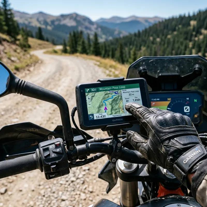 Garmin Zumo XT2 motorcycle GPS mounted on the handlebar cockpit displaying a map