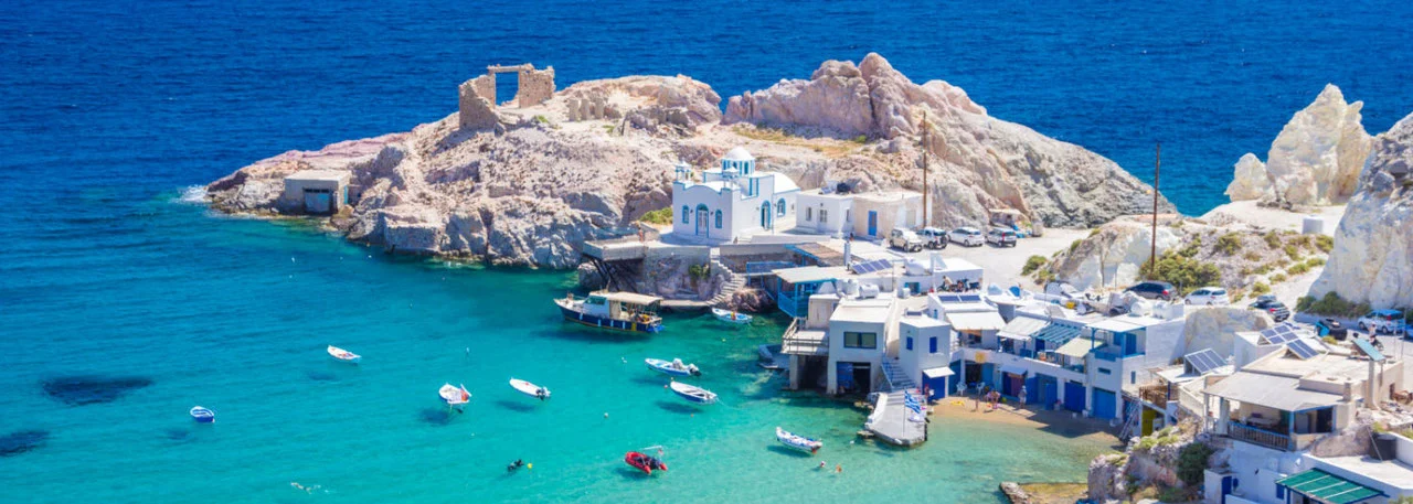 The white volcanic moonscape rock formations of Sarakiniko beach on Milos