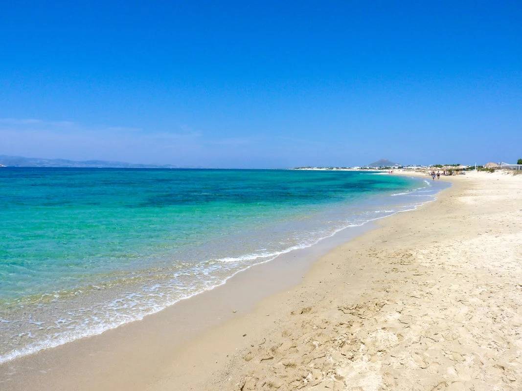 The long sandy dune beach of Plaka on the west coast of Naxos