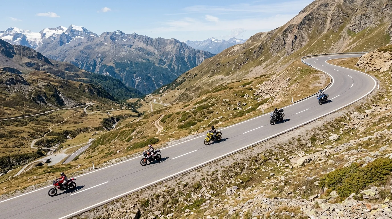 Five adventure motorcycles strung out far apart along a sweeping alpine mountain road