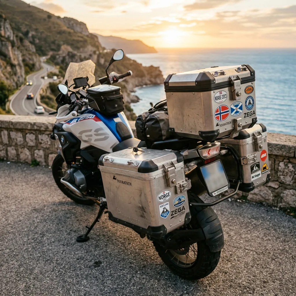 Hard aluminum panniers mounted on a touring adventure motorcycle