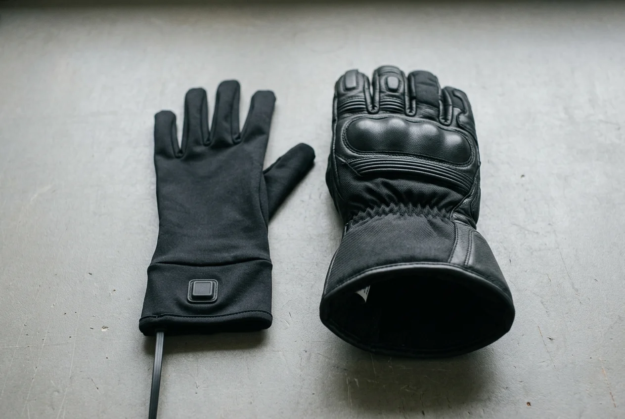 A thin heated glove liner with a cuff control lying beside an open winter motorcycle gauntlet on a workbench