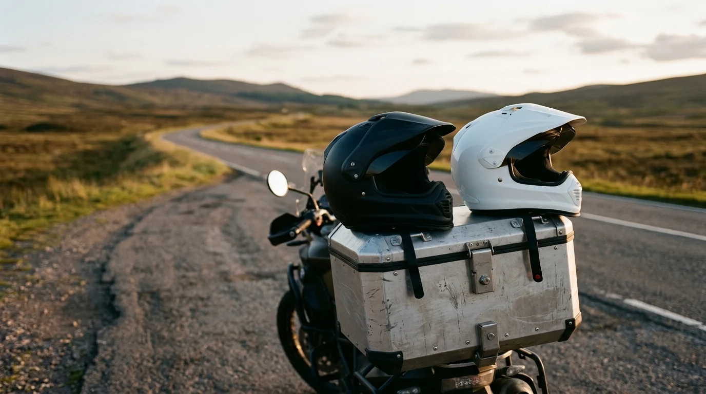Two plain adventure helmets resting on the bare aluminium top box of a parked motorcycle at a roadside stop in the evening