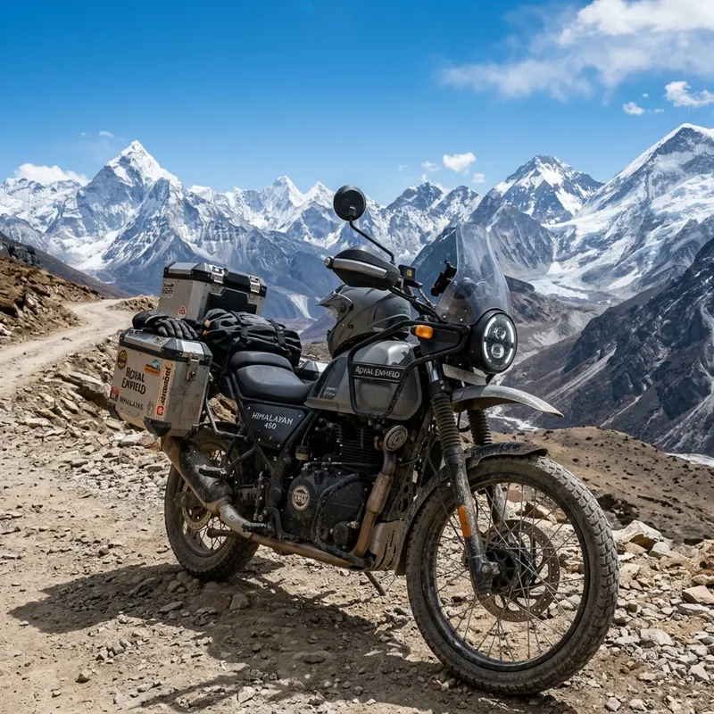 Royal Enfield Himalayan 450 parked on a high mountain pass overlooking dramatic snow-capped peaks
