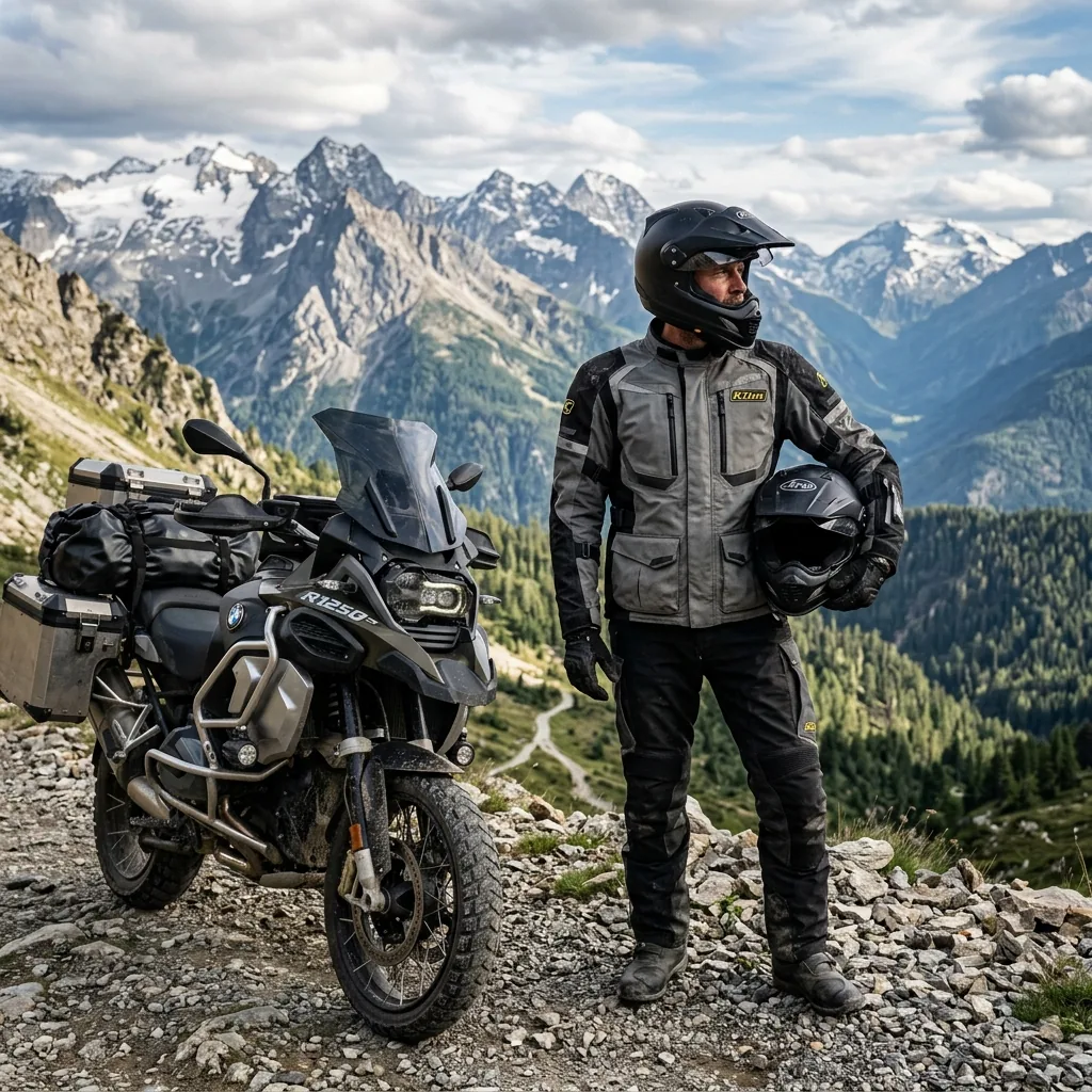 Adventure motorcycle rider wearing Klim Badlands Pro jacket in a scenic wilderness setting
