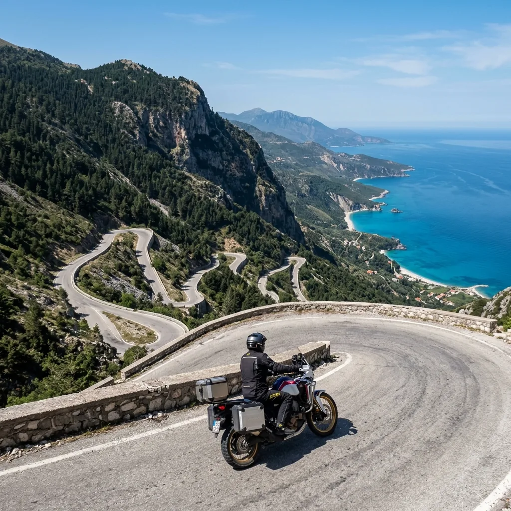 Motorcycle on a hairpin of the Llogara Pass descending toward the turquoise Albanian Riviera coast