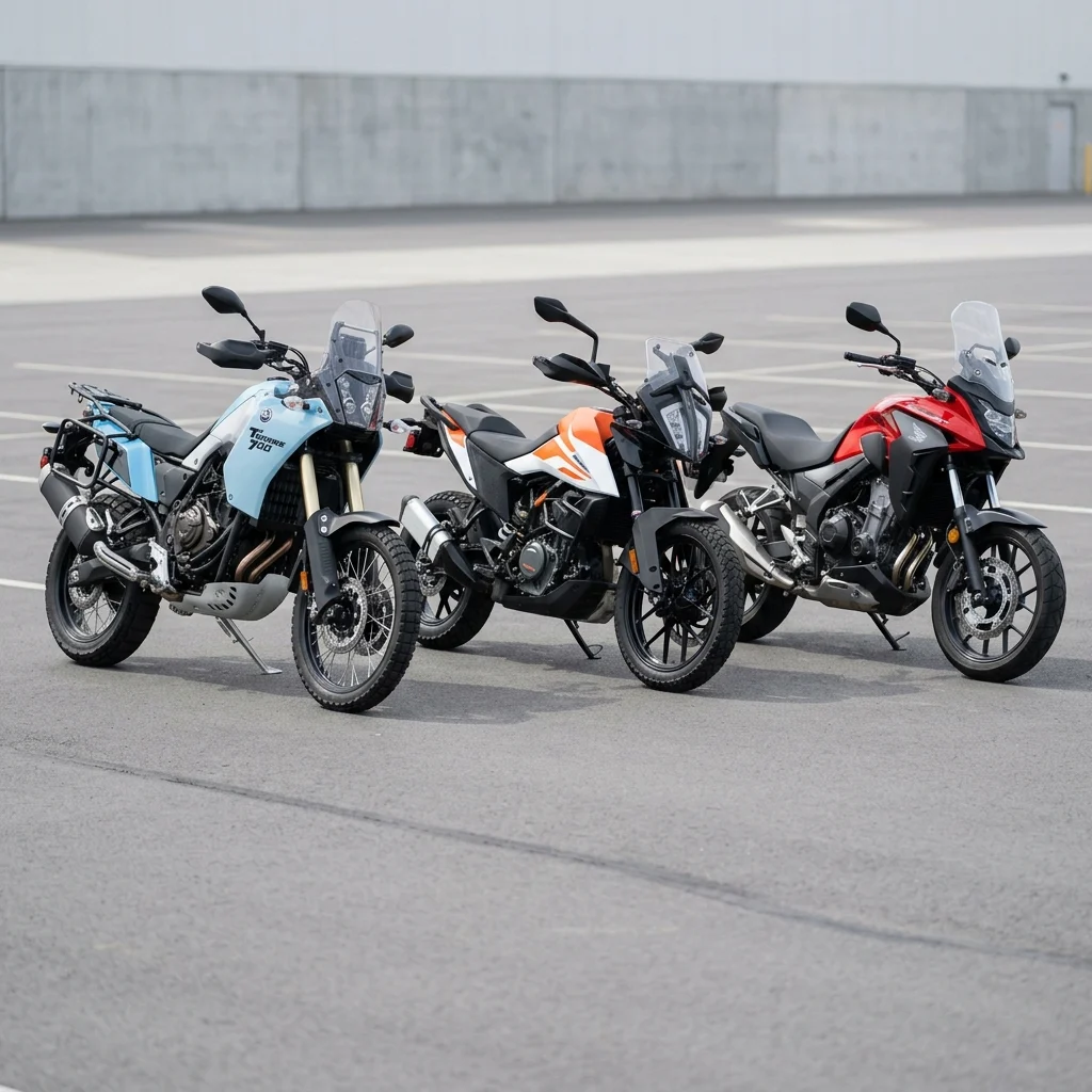 Three low-seat adventure motorcycles parked side by side comparing size for short riders