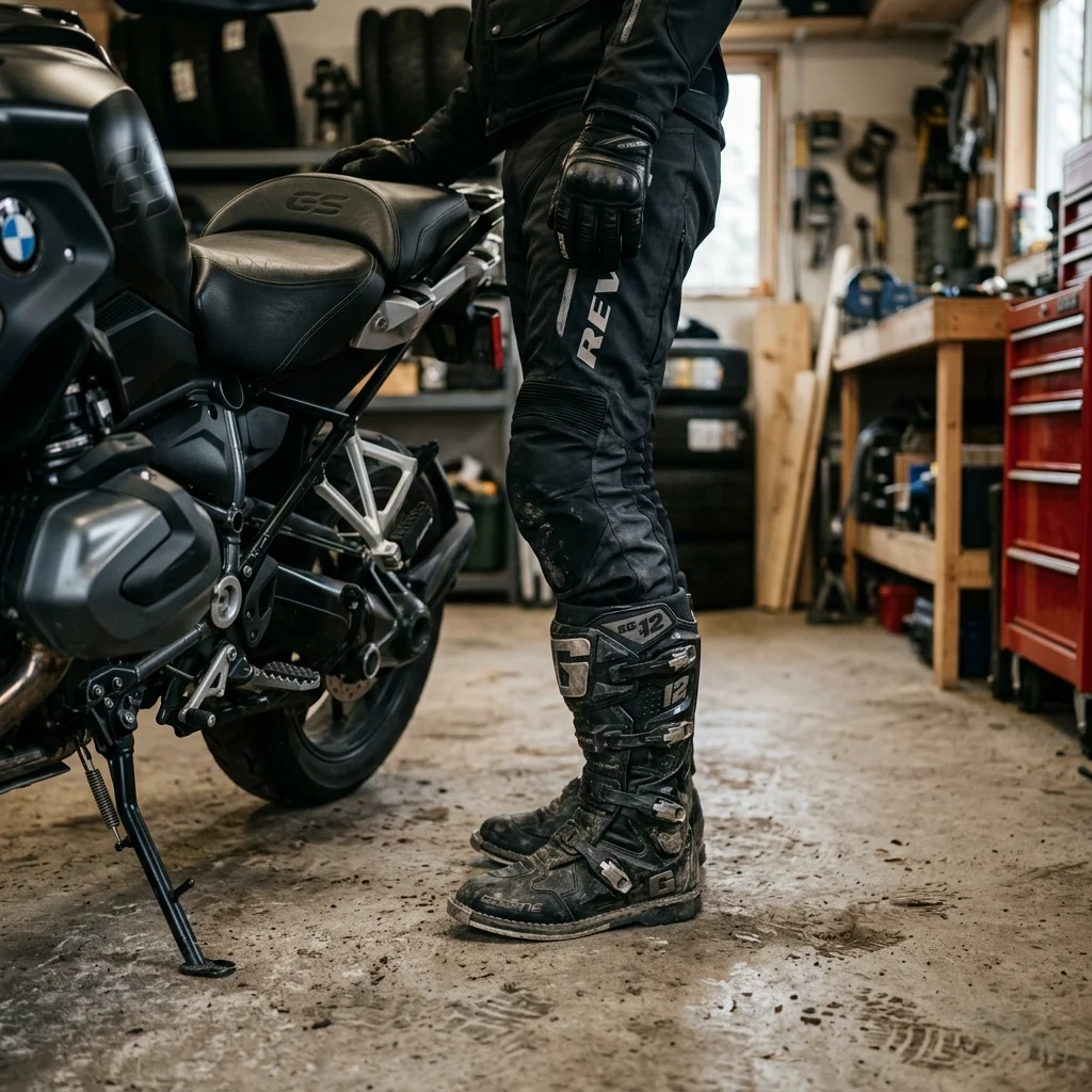 Rider in thick-soled boots getting a foot flat on the ground next to a lowered adventure motorcycle