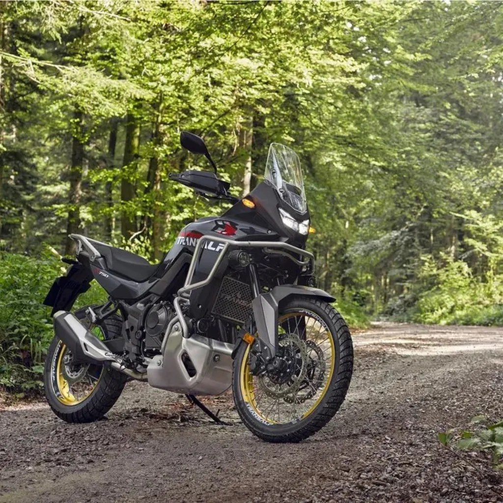 Honda Transalp XL750, the value pick of this middleweight comparison, parked on a forest gravel road