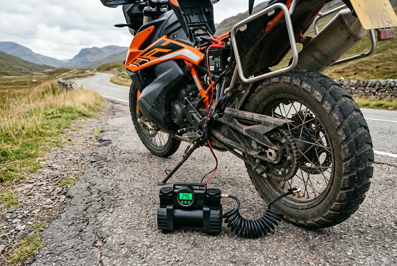 A small 12V portable air compressor on the ground, hose connected to an adventure motorcycle's rear tyre valve and clipped to the bike's battery, digital gauge reading the pressure