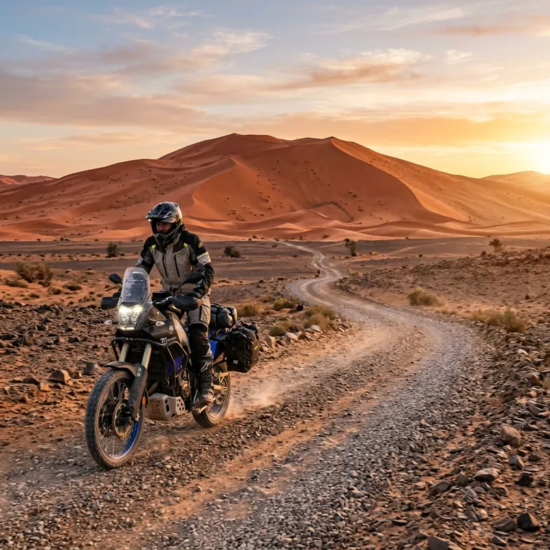 Adventure motorcycle route heading toward the red Sahara sand dunes of Erg Chebbi in Merzouga