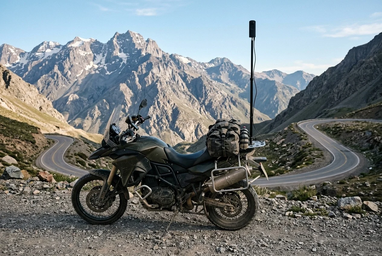 A small two-lens 360 camera on a thin pole rising from the rear rack of a loaded adventure motorcycle on a mountain pass