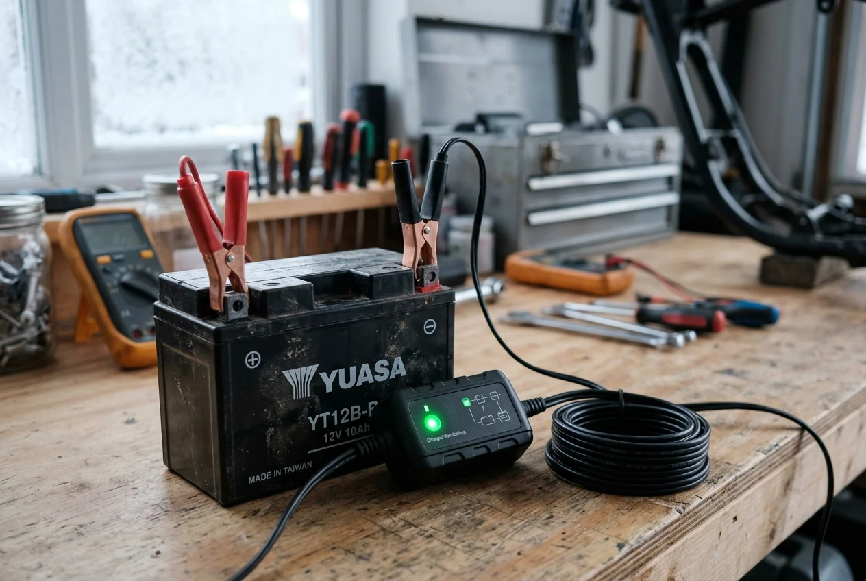 A battery maintainer showing a green charge light, clipped to a 12V motorcycle battery on a workbench to keep it topped up through winter storage
