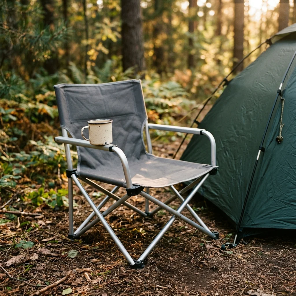 A compact folding camp chair set up beside a tent at a quiet campsite at dusk