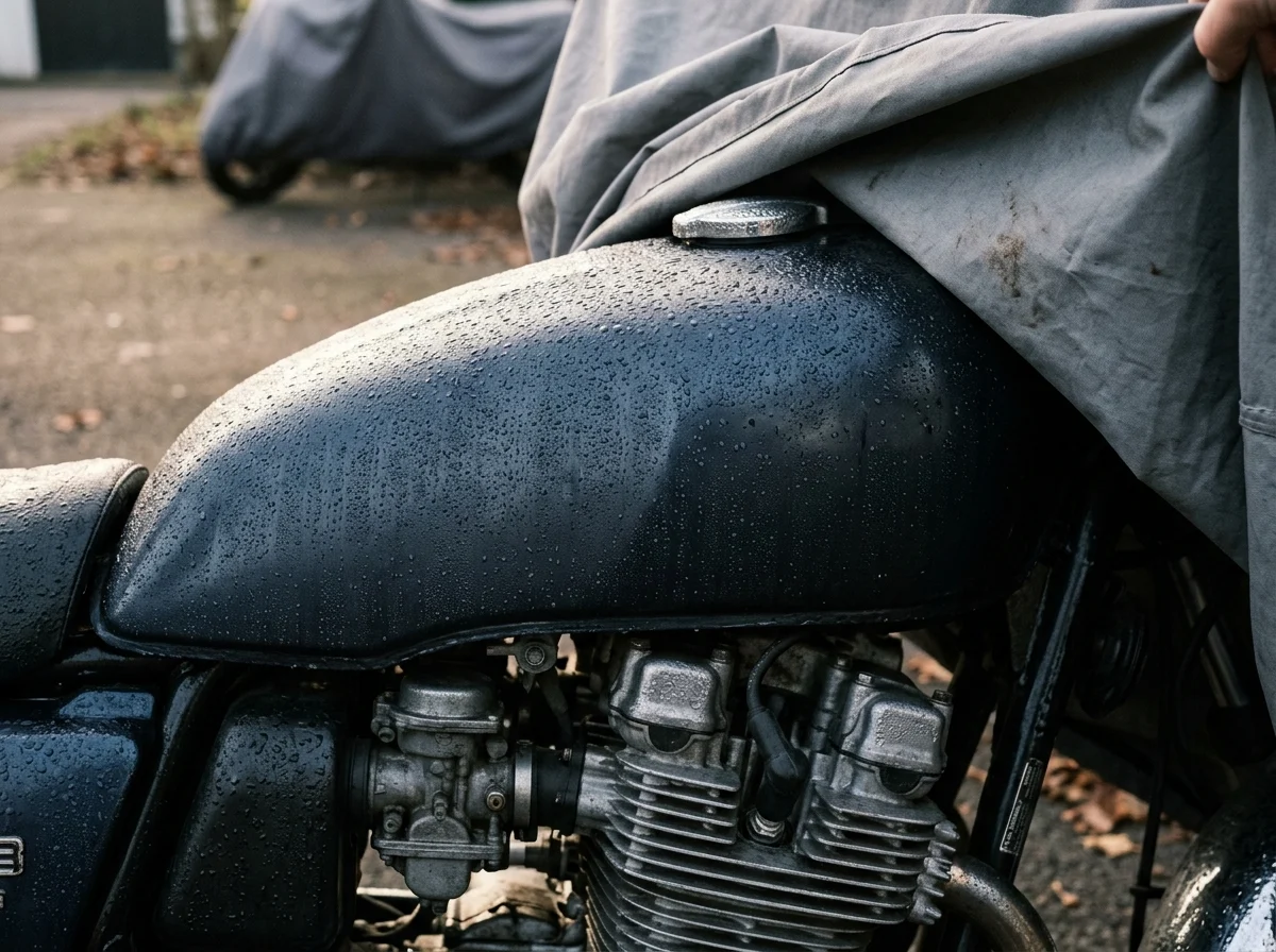 Condensation beaded across a motorcycle tank and engine under a lifted cover, with the ground and the cover surface dry