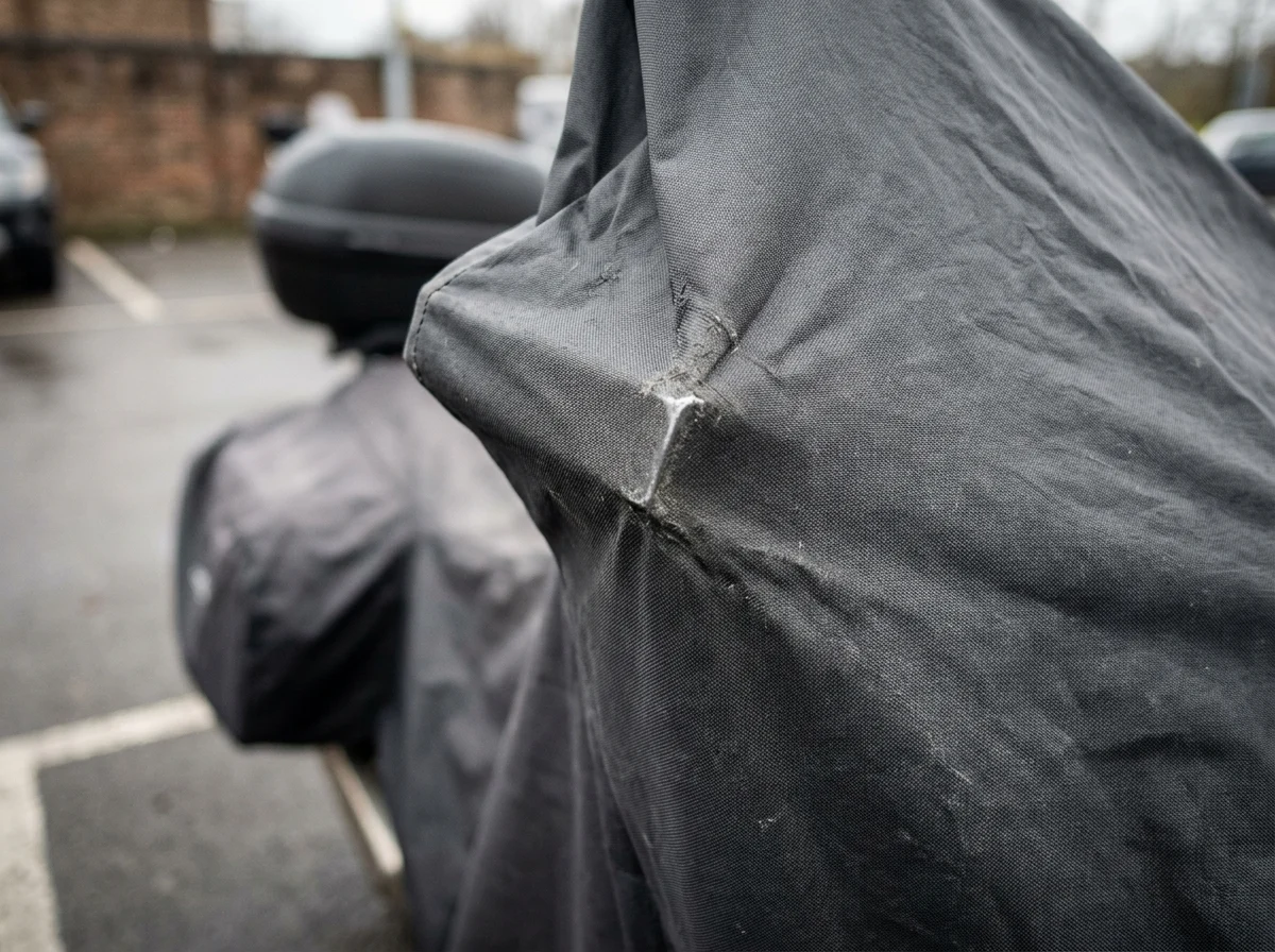 Cover fabric stretched tight and scuffed where it tents over the sharp corner of a luggage rack