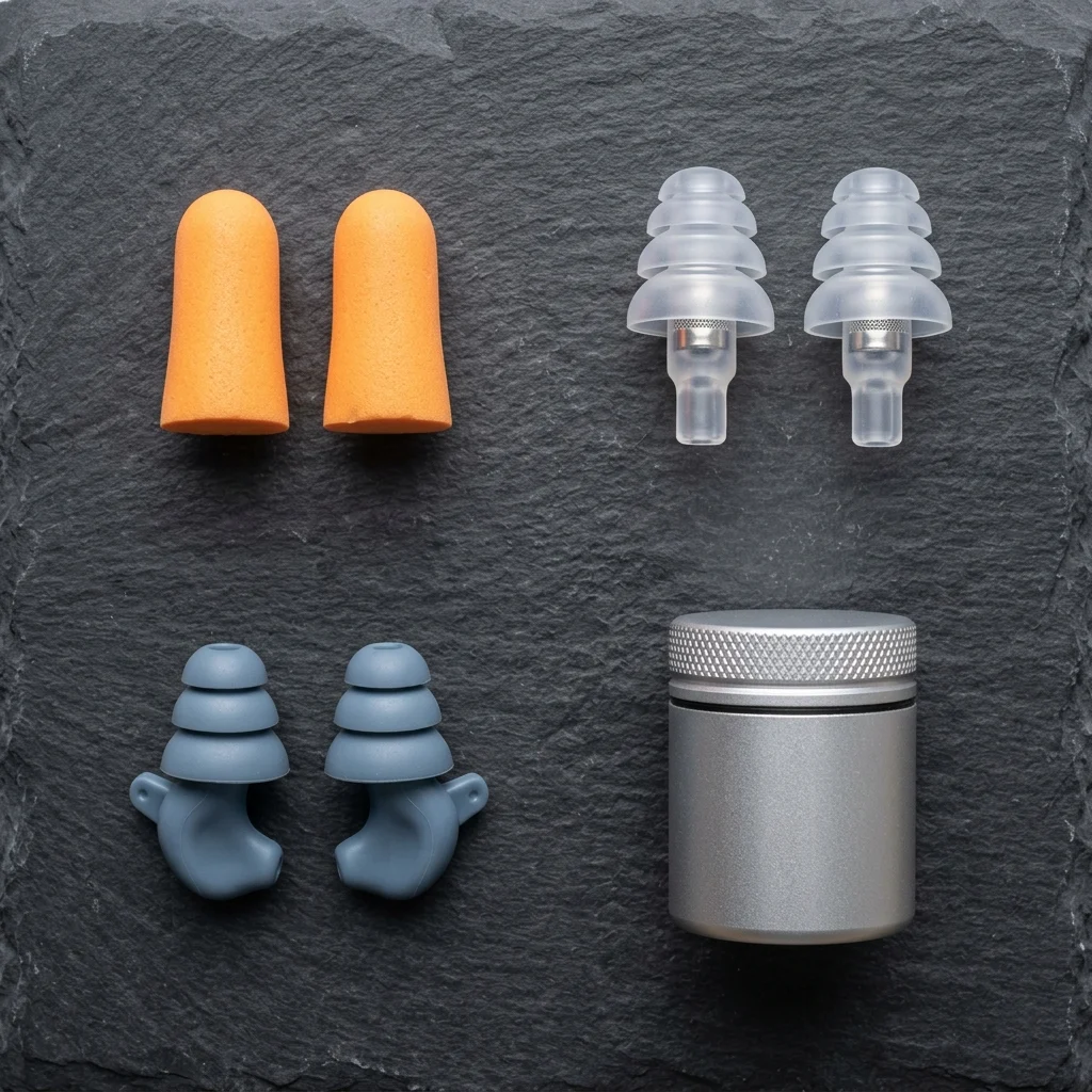 Foam, filtered and custom-moulded motorcycle earplugs laid out side by side with an aluminium carry case