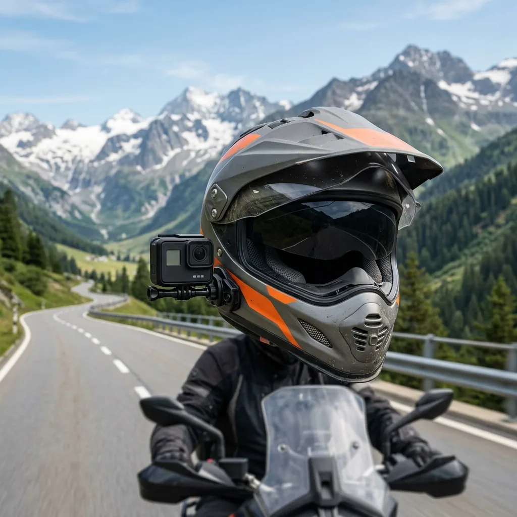 Action camera mounted on a motorcycle helmet chin mount with a mountain road ahead