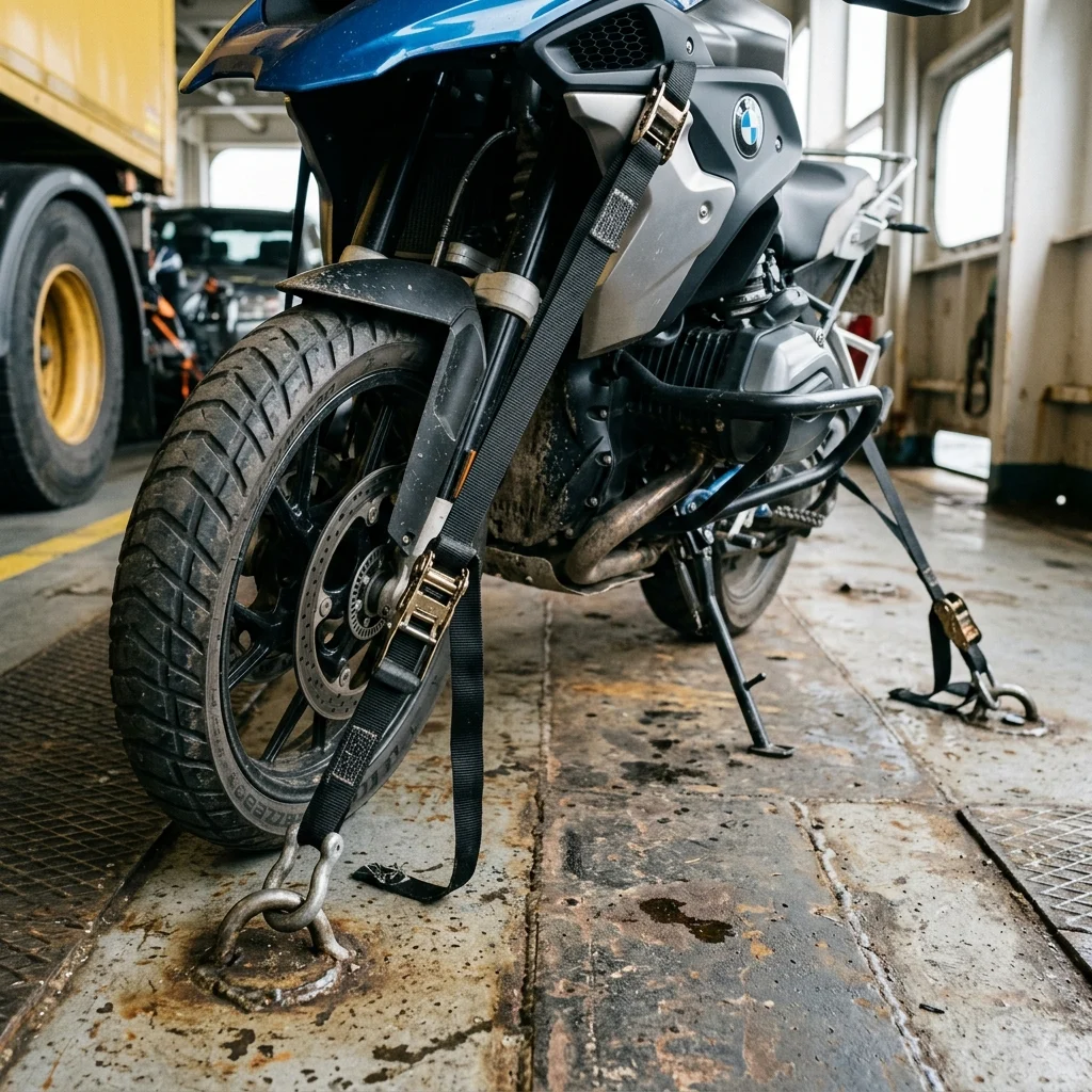 Adventure motorcycle strapped down to the lashing points on a cross-Channel ferry car deck