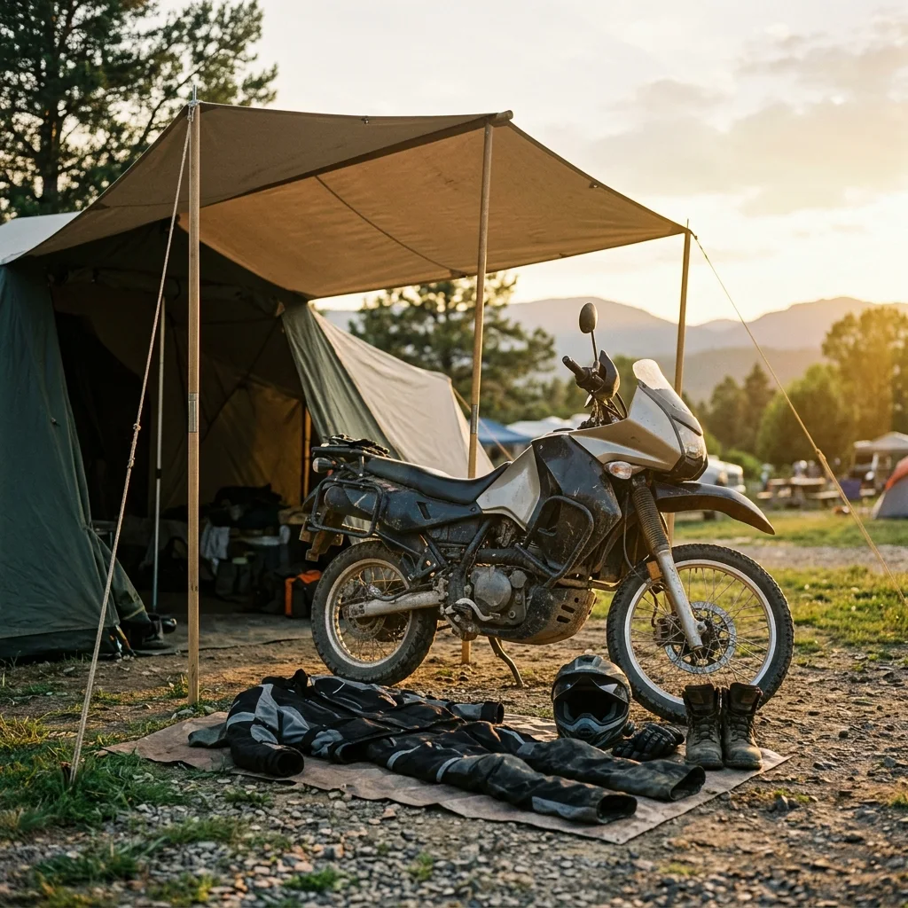 A rugged single-rider motorcycle tent pitched at a campsite beside a loaded adventure bike