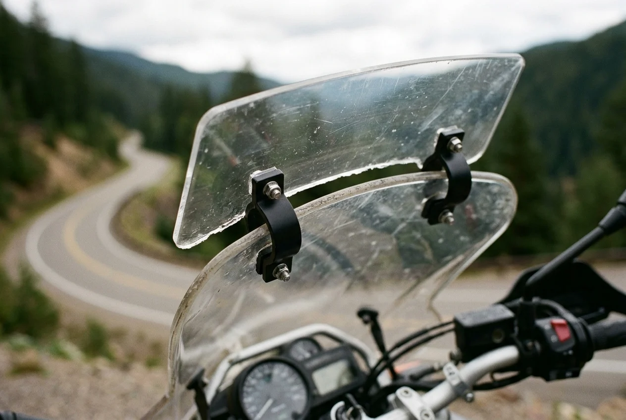 Clear add-on spoiler clamped to the top of a motorcycle windscreen, with a narrow slot left between the two