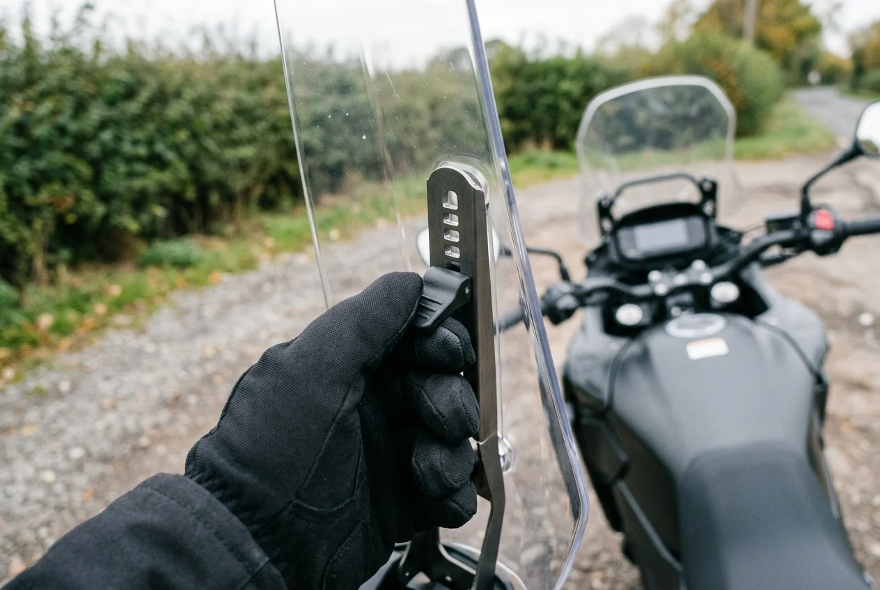 Gloved hand setting the height lever on a motorcycle windscreen bracket while the bike is parked
