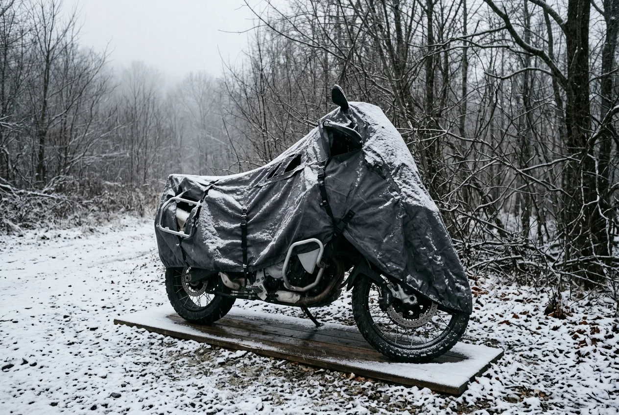 An adventure motorcycle parked outdoors under a vented waterproof cover with snow settling on it, standing on a board above the frozen ground