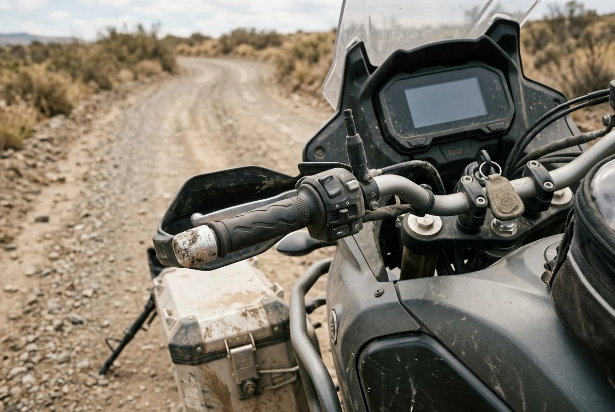 Muddy handlebar switchgear and a blank dash on an adventure motorcycle parked on a gravel track, pannier and side stand in the background