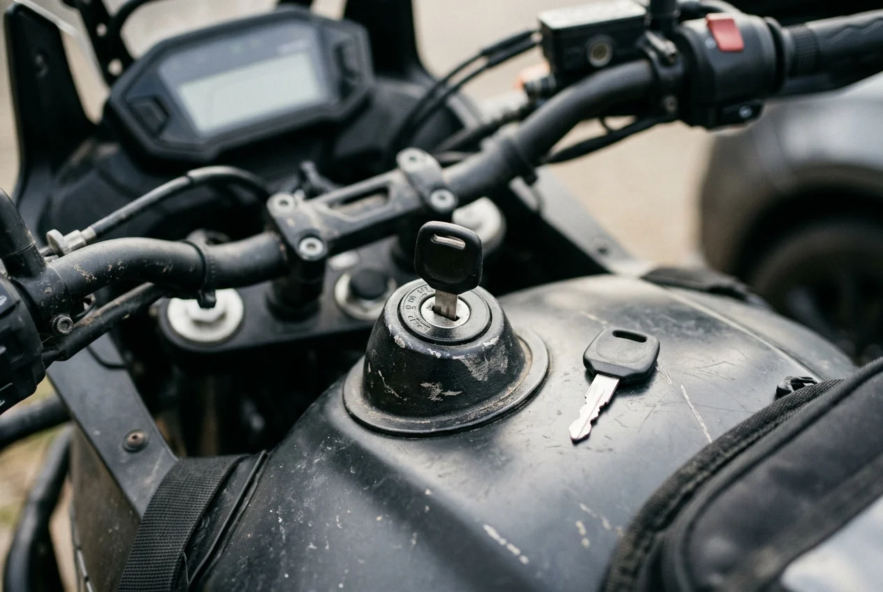 One key in a motorcycle ignition and a second, separate key lying on the tank beside it, not on the same ring
