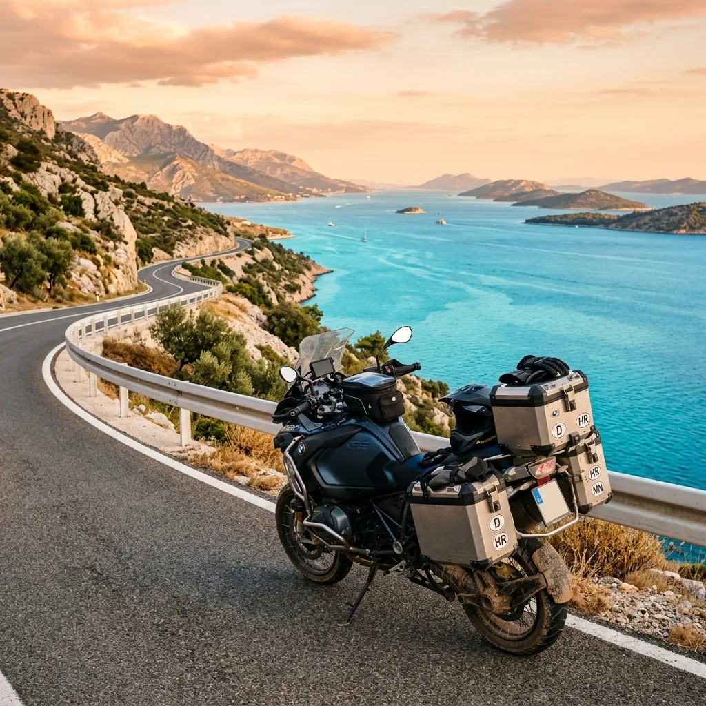 Adventure motorcycle parked on the side of the Dalmatian Coast Highway (D8) overlooking the Adriatic Sea