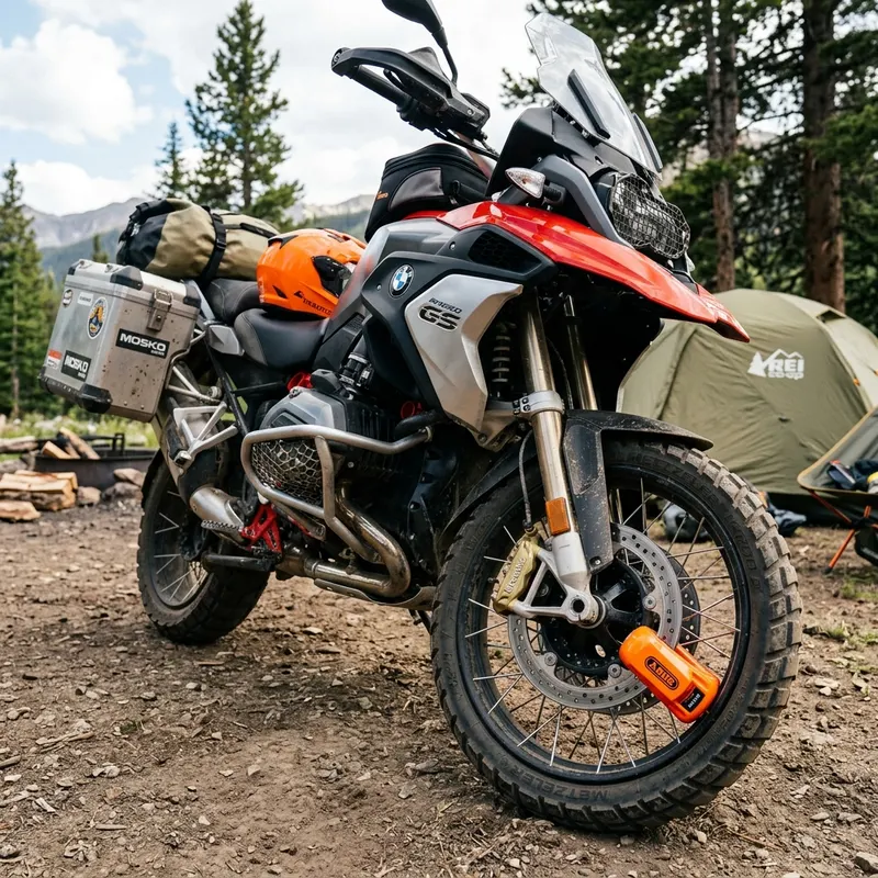 Heavy duty chain lock and disc lock secured on a motorcycle wheel at a campsite